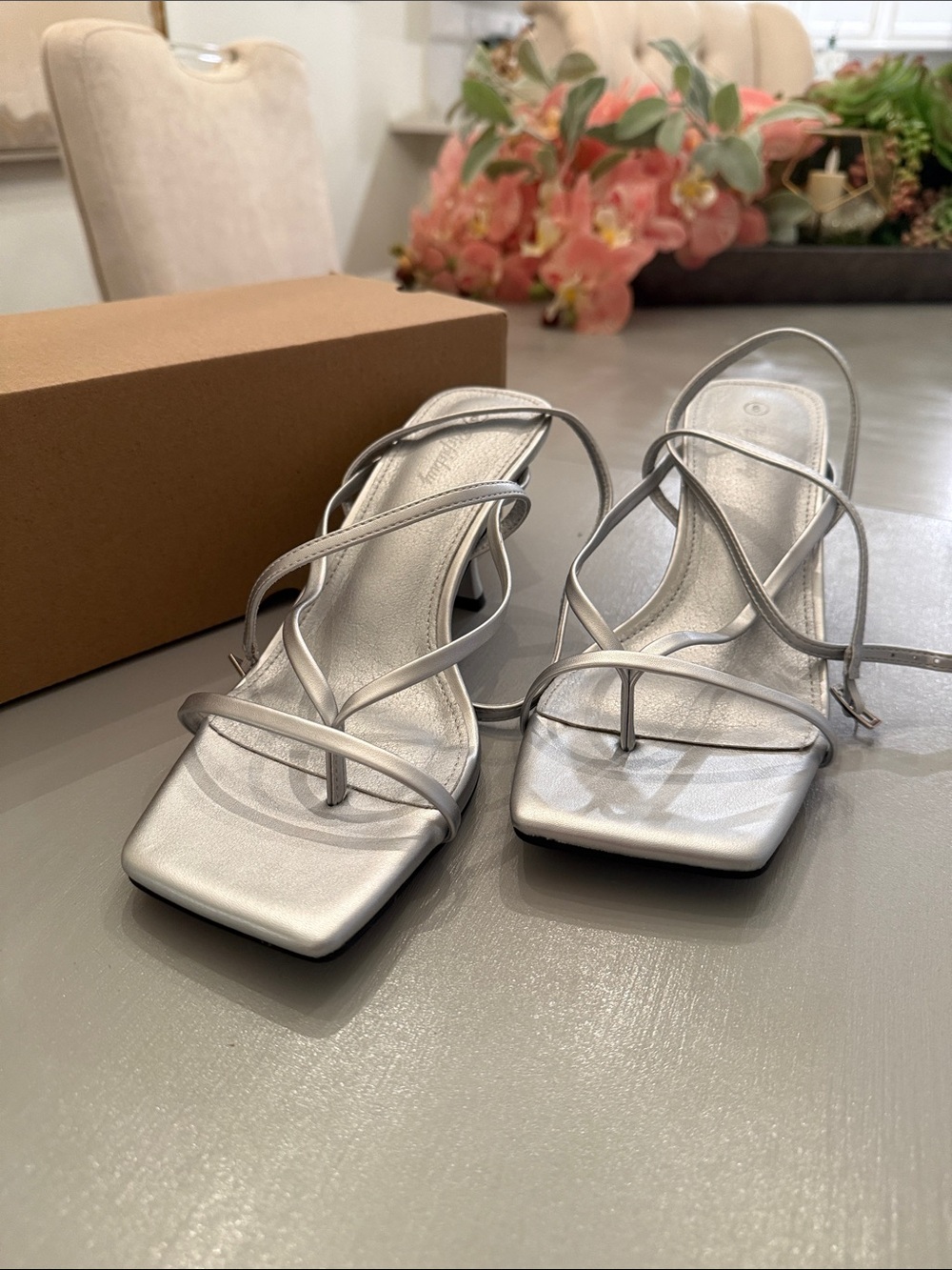 Silver Strappy Square-Toe Heels